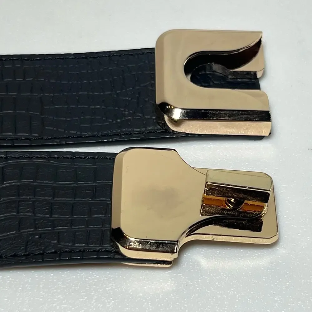 Vintage 90s Sz Small Gold Twist Lock Buckle Stretch Belt Black Faux Leather